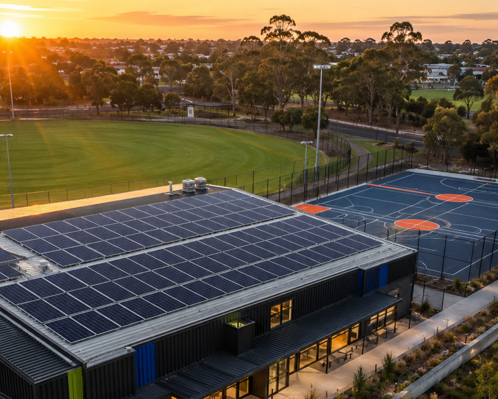 Golden hour over modern sports complex