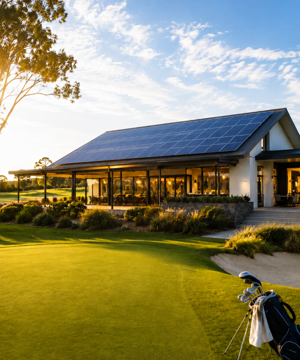 Golf course clubhouse at sunset