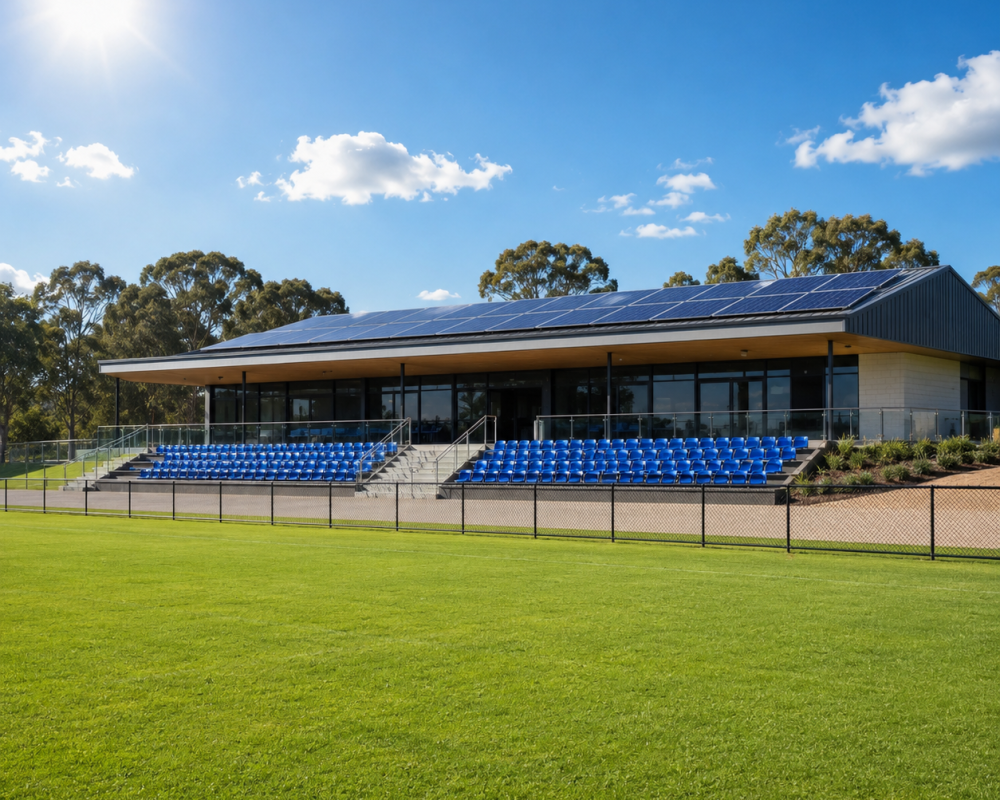 Modern stadium with solar panels and seating